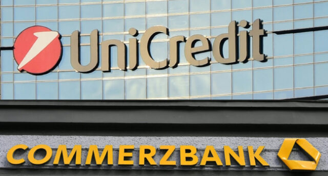 This-combination-of-pictures-created-on-December-18-2024-shows-the-logo-of-Italian-bank-Unicredit-i